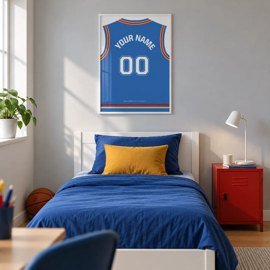 Canotta da basket personalizzata - blu con bordi rossi e gialli
