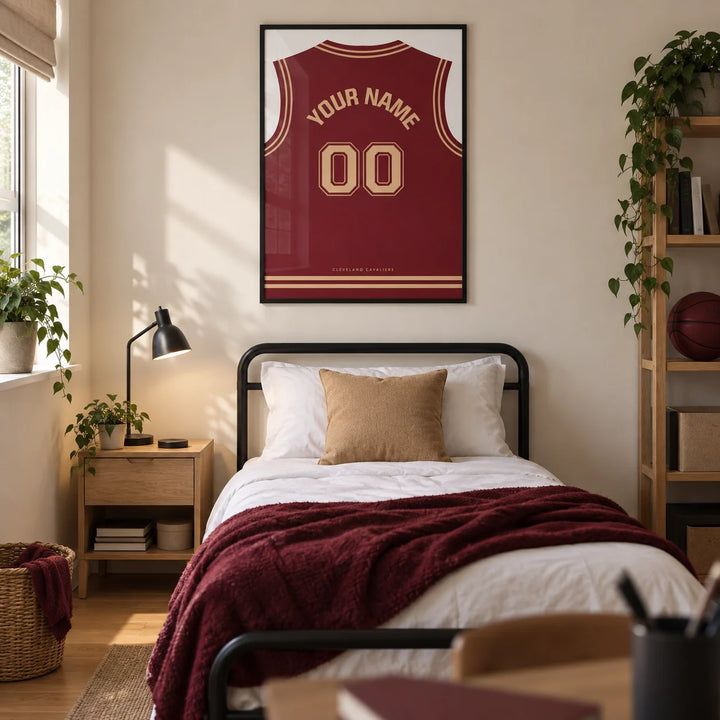 Basketball Jersey Poster in Maroon with Tan Number, framed on the wall of a modern basketball fan's single bedroom in a UK family home