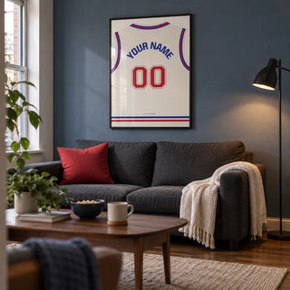Basketball Jersey Poster in Plain White with Red Number, framed on the wall of a contemporary sports snug in a UK terraced house with a muted blue wall and walnut floor in a living room