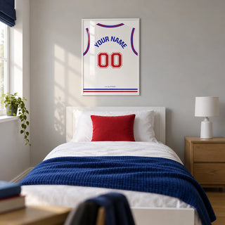 Basketball Jersey Poster in Plain White with Red Number, framed on the wall of a modern basketball fan's single bedroom for a teen aged 13-17 in a UK family home