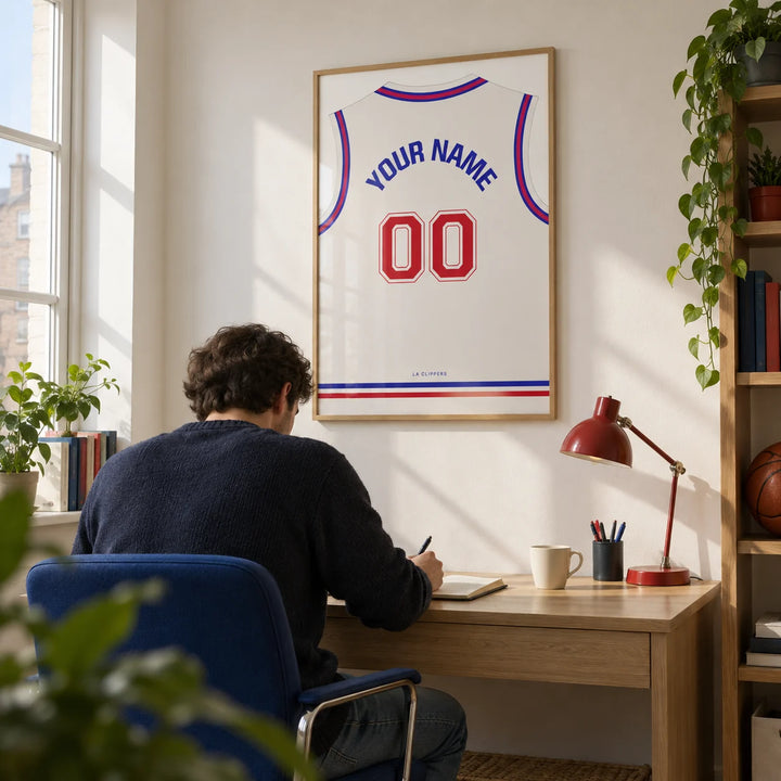 Basketball Jersey Poster in Plain White with Red Number, framed on the wall of a young adult basketball fan's home study in a UK first flat