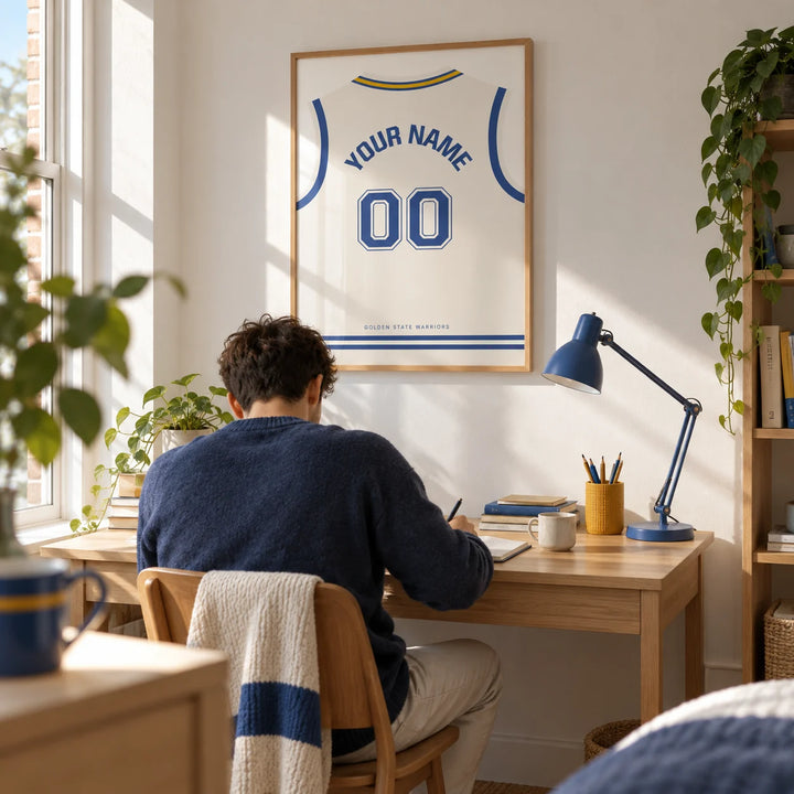 Basketball Jersey Poster in White with Blue Number, framed on the wall of a bright study corner in a young adult's UK flat (20-30) with a white wall