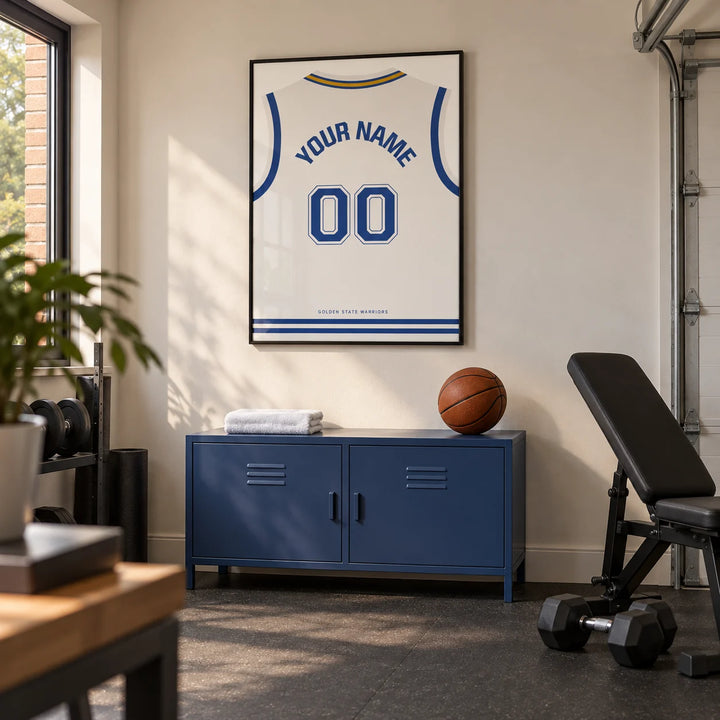 Basketball Jersey Poster in White with Blue Number, framed on the wall of a compact home gym in a converted UK garage with a warm white wall and plain charcoal rubber floor