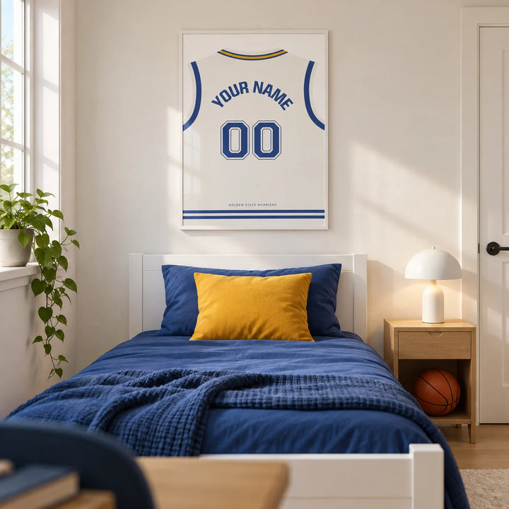 Basketball Jersey Poster in White with Blue Number, framed on the wall of a modern basketball-loving teenager's single bedroom (13-17) in a UK family home with a warm white wall and pale oak floor