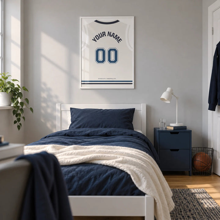 Basketball Jersey Poster in White with Navy Number, framed on the wall of a modern basketball-loving teenager's single bedroom (13-17) in a UK family home with a pale grey wall and oak floor