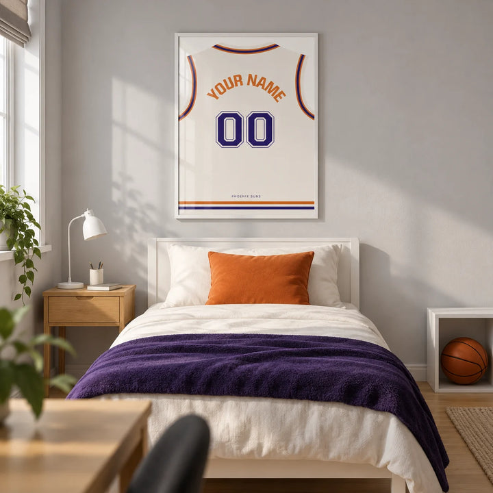 Basketball Jersey Poster in White with Purple Number, framed on the wall of a modern basketball-loving teenager's single bedroom (13-17) in a UK family home with a pale grey wall and oak floor