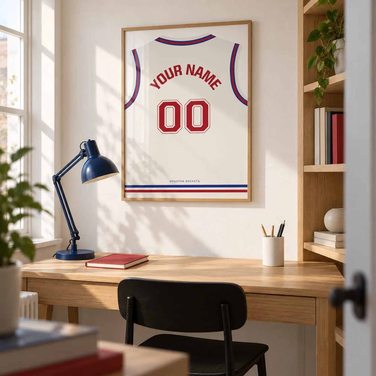 Basketball Jersey Poster in White with Red Number, framed on the wall of a bright compact study in a basketball fan's UK flat