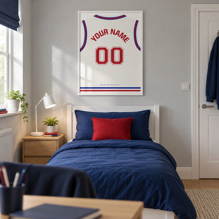 Basketball Jersey Poster in White with Red Number, framed on the wall of a modern basketball fan's single bedroom in a UK family home