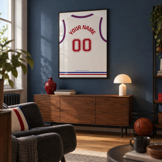 Basketball Jersey Poster in White with Red Number, framed on the wall of a modern basketball viewing den in a UK terraced house in a living room