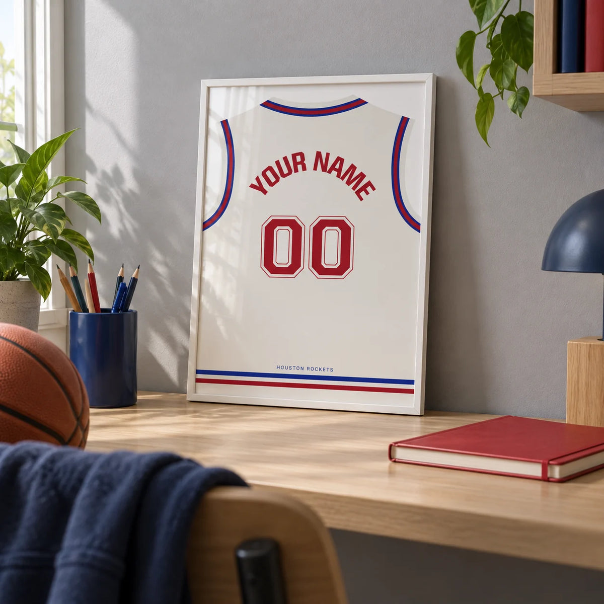 Basketball Jersey Poster in White with Red Number, a small A4 framed print leaning on a pale oak desk