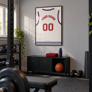 Basketball Jersey Poster in White with Red Number, framed on the wall of a tidy converted garage home gym in a UK semi-detached house