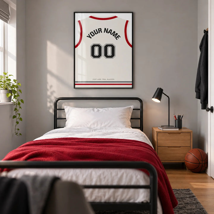 Basketball Jersey Poster in White with Red Sleeves and Black Number, framed on the wall of a modern basketball fan's single bedroom in a UK family home