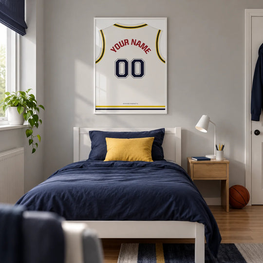 Canotta da basket personalizzata - bianca con bordi gialli e blu navy