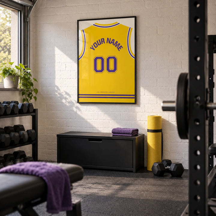 Basketball Jersey Poster in Yellow with Purple Number, framed on the wall of a compact home gym in a converted UK garage with white painted brick and dark rubber flooring