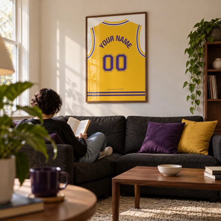 Basketball Jersey Poster in Yellow with Purple Number, framed on the wall of a modern living room in a basketball fan's first UK flat (22-28) with a warm white wall and walnut furniture