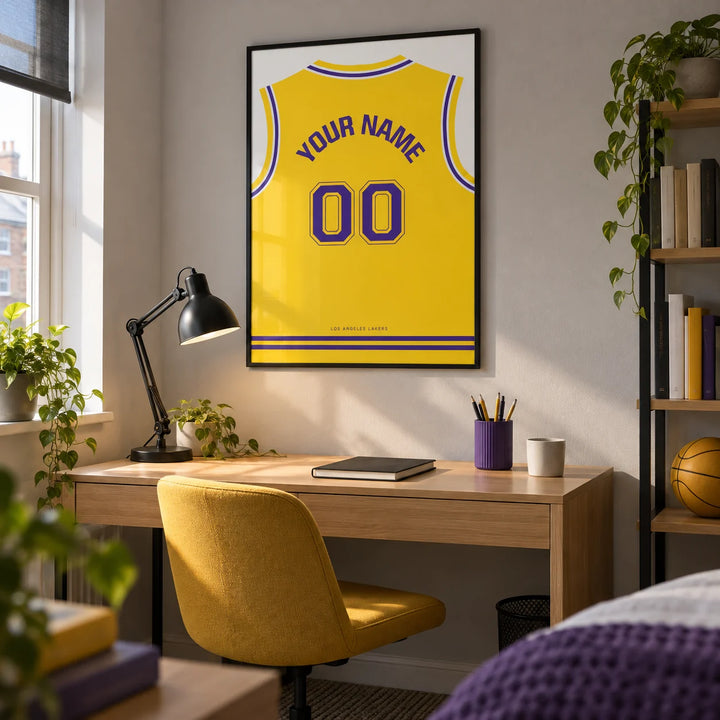 Basketball Jersey Poster in Yellow with Purple Number, framed on the wall of a tidy university study corner for a basketball fan (18-21) in a UK shared house with a pale grey wall