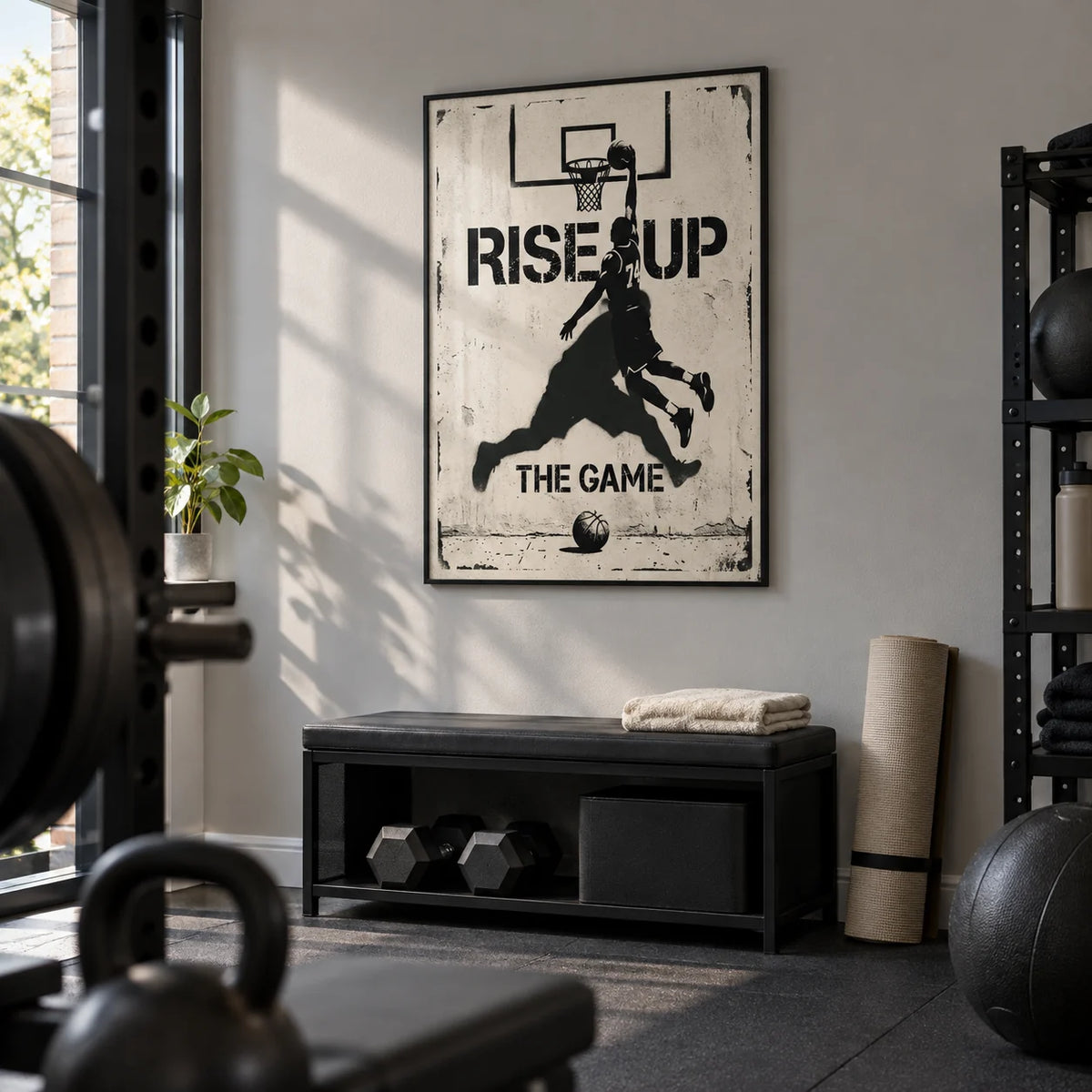 Basketball Rise Up Art Print, framed on the wall of a compact converted garage home gym in a UK terraced house with pale grey painted walls and plain black rubber flooring