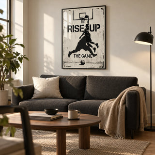 Basketball Rise Up Art Print, framed on the wall of a design-led living room in a young basketball fan's first UK flat (22-28)