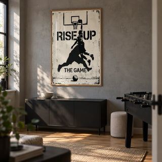 Basketball Rise Up Art Print, framed on the wall of a small basketball-themed games den in a UK family home with a concrete-grey wall and plain oak flooring in a living room