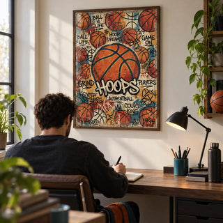 Basketball Wall Art, framed on the wall of a compact home study for a young adult basketball fan (22-35)