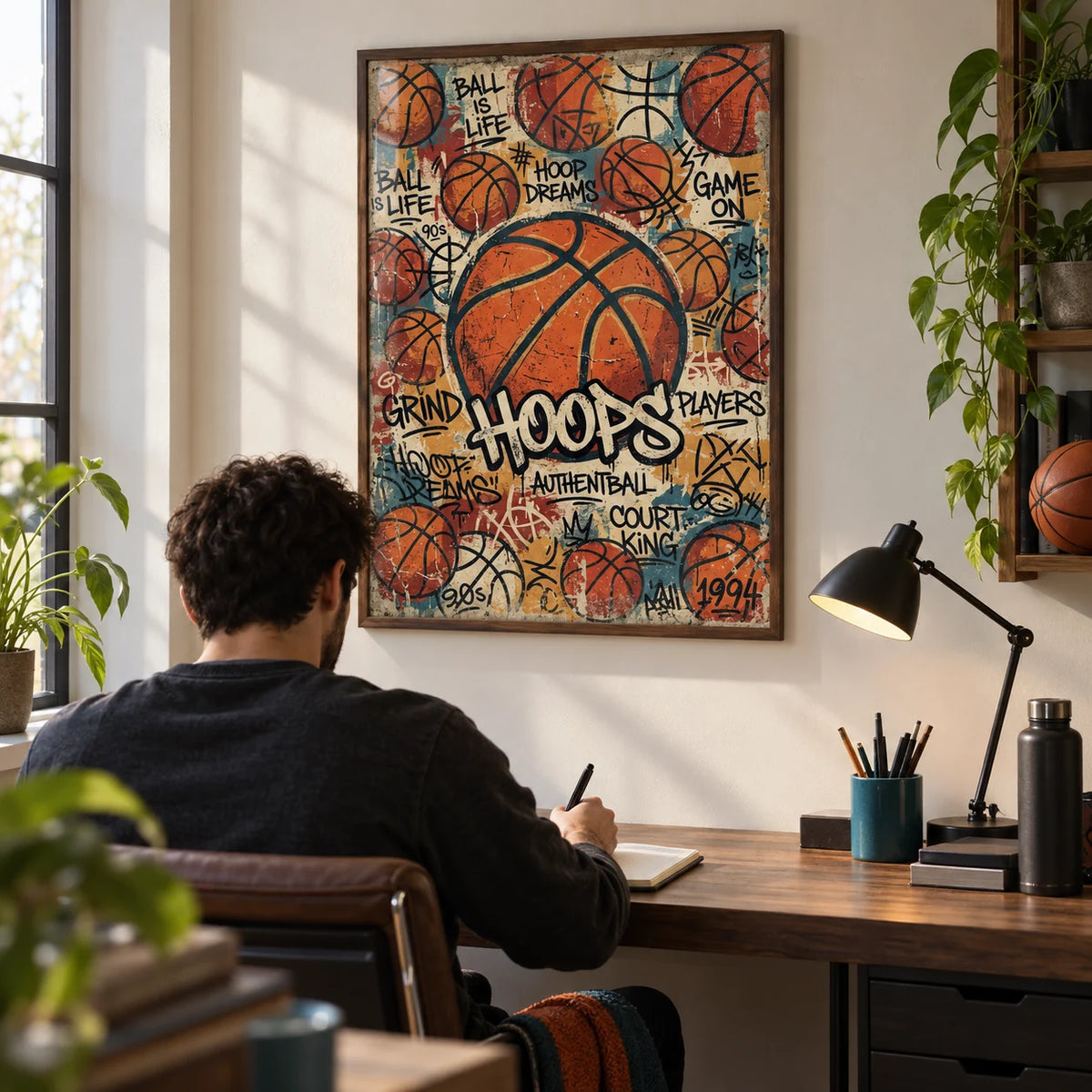Basketball Wall Art, framed on the wall of a compact home study for a young adult basketball fan (22-35)