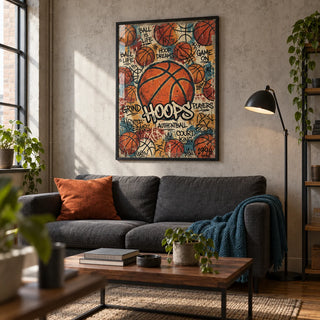 Basketball Wall Art, framed on the wall of a compact industrial-style living room in a UK first flat (22-28)