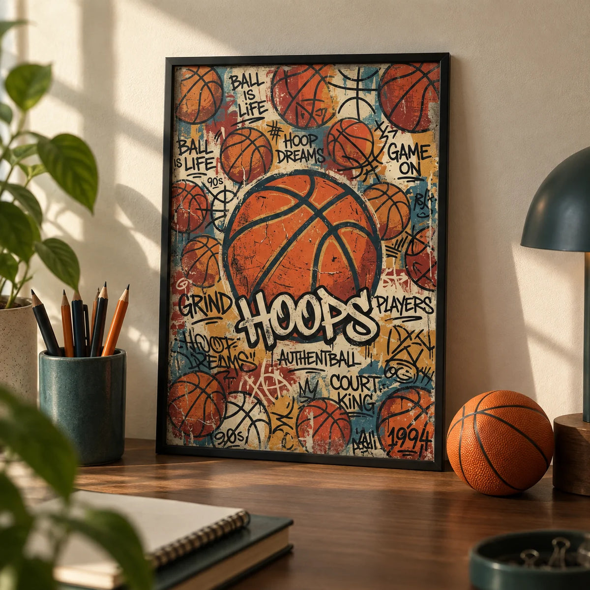 Basketball Wall Art, a small A4 framed print leaning on a walnut desk