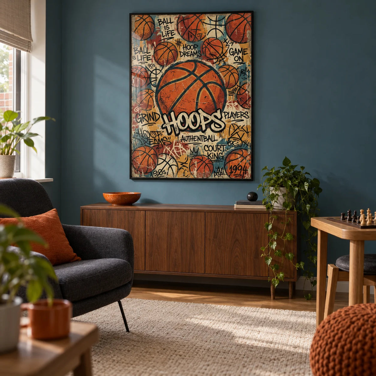 Basketball Wall Art, framed on the wall of a small basketball fan's games snug in a UK semi-detached home in a living room