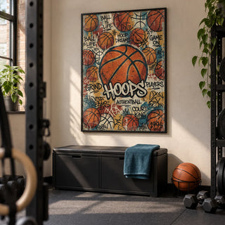Basketball Wall Art, framed on the wall of a small converted garage home gym in a UK terraced house