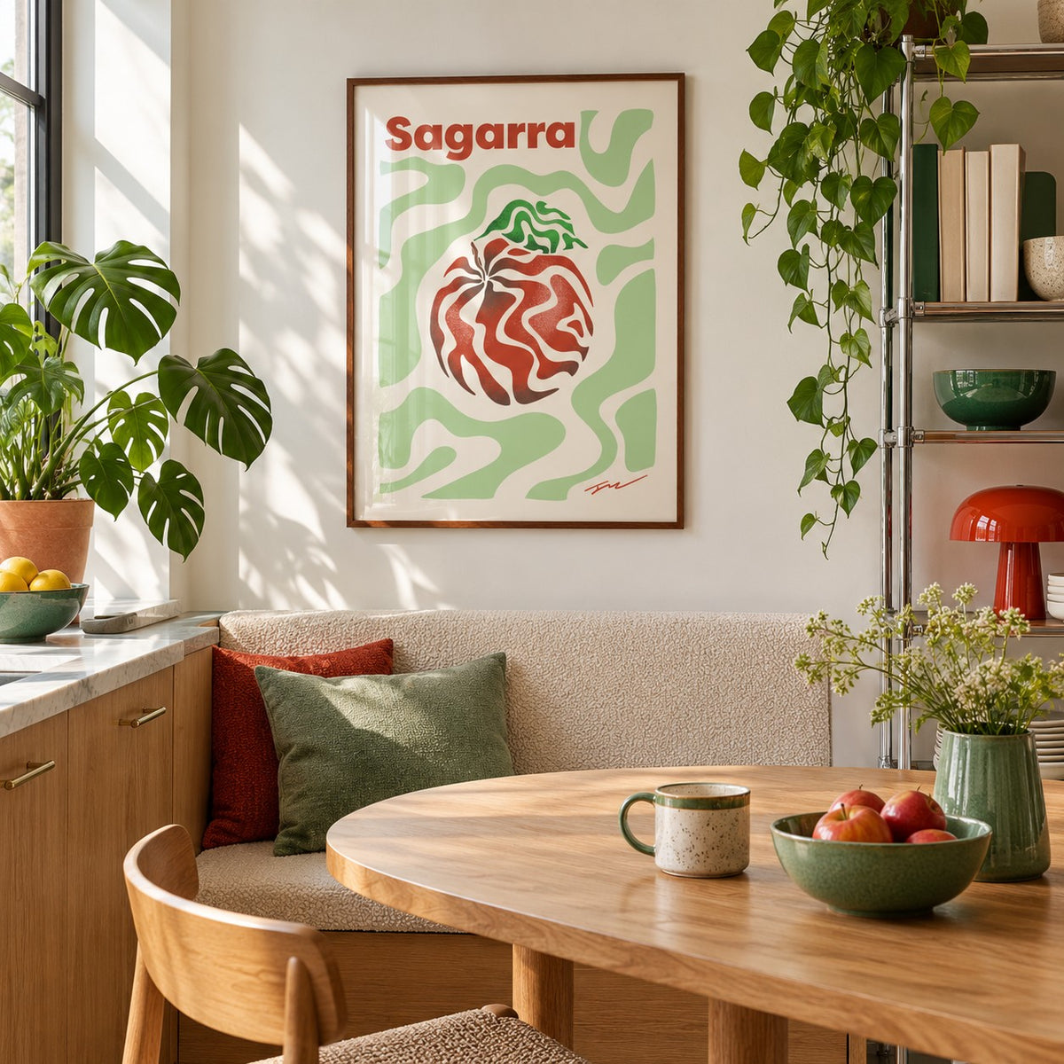 Basque Apple Print hung above a breakfast nook in a city apartment kitchen (frame not included)