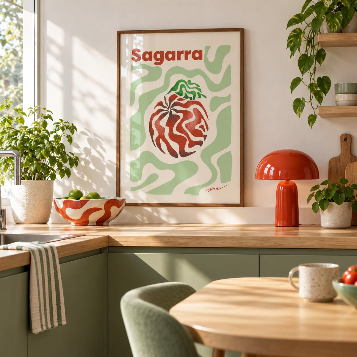 Basque Apple Print above the worktop in a minimalist kitchen (frame not included)