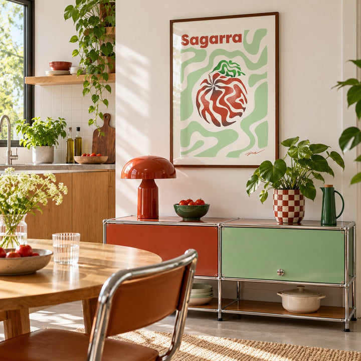 Basque Apple Print hung above a retro modular console in a playful kitchen (frame not included)