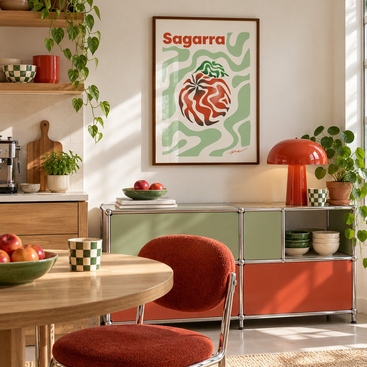 Basque Apple Print hung above a retro sideboard in a kitchen dining area (frame not included)