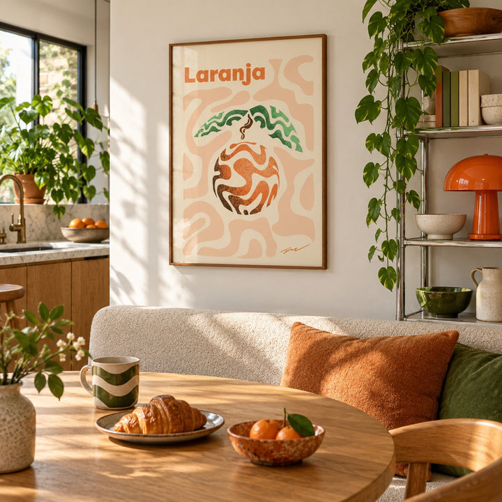 Basque Orange Print hung above a breakfast nook in a city apartment kitchen (frame not included)
