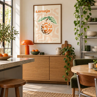 Basque Orange Print hung above an oak sideboard in a creative apartment kitchen (frame not included)