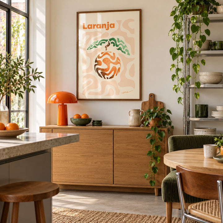 Basque Orange Print hung above an oak sideboard in a creative apartment kitchen (frame not included)