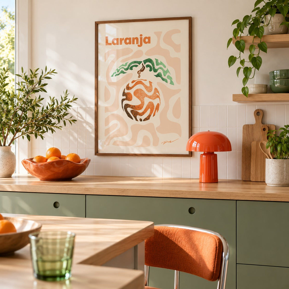 Basque Orange Print above the worktop in a minimalist kitchen (frame not included)