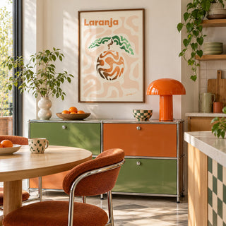 Basque Orange Print hung above a retro sideboard in a kitchen dining area (frame not included)