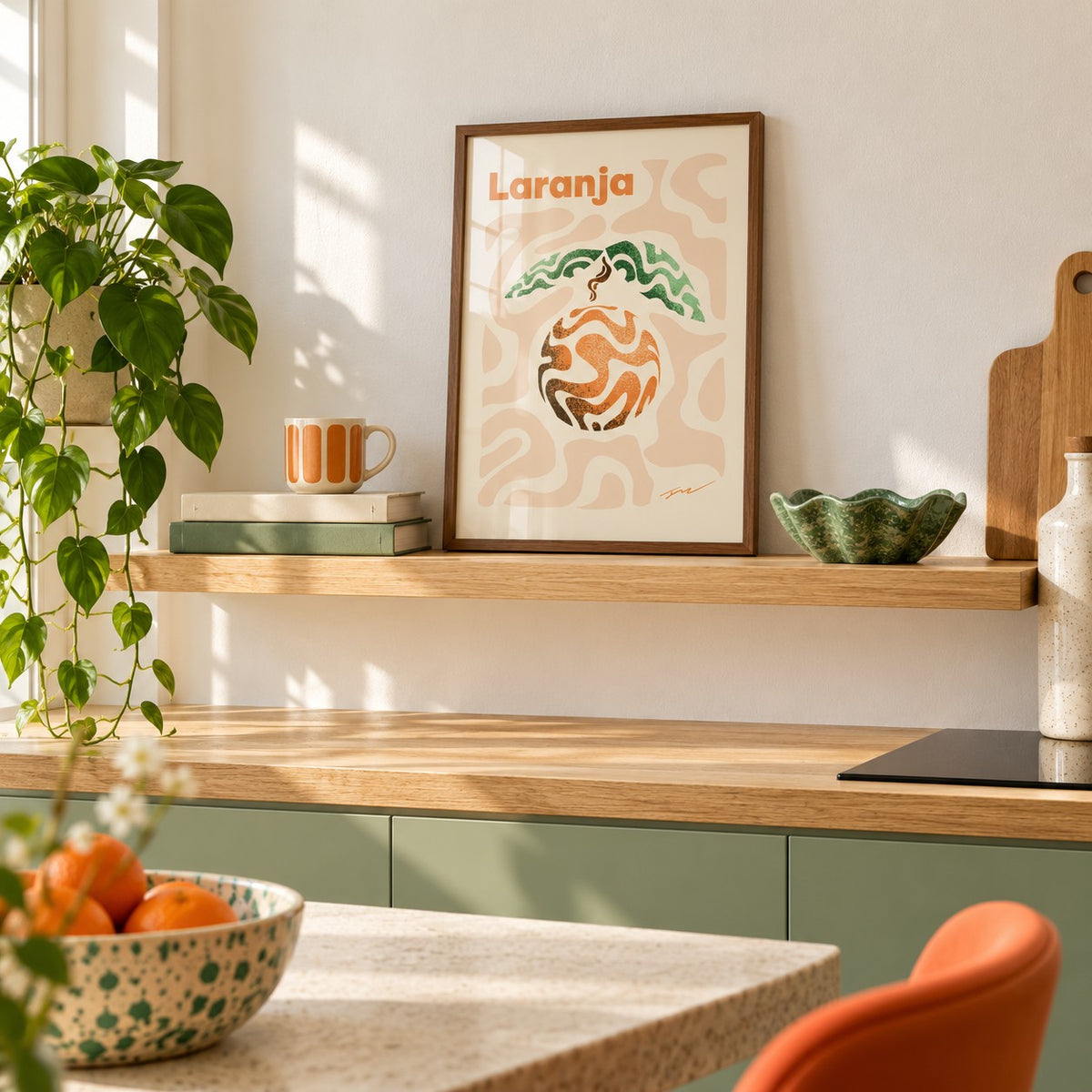 Basque Orange Print in the small A4 size, leaning on a kitchen shelf (frame not included)