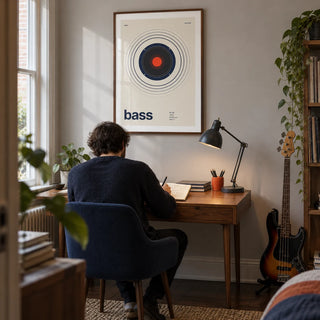 Bass Poster, framed on the wall of a compact music study in a converted UK terrace with a pale grey wall