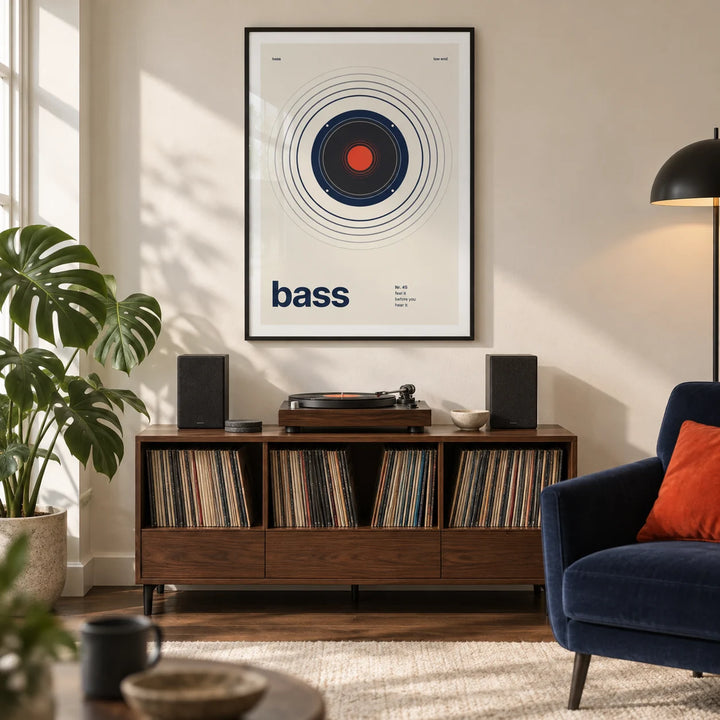 Bass Poster, framed on the wall of a modern listening lounge in a UK city flat with a warm white wall and walnut floor