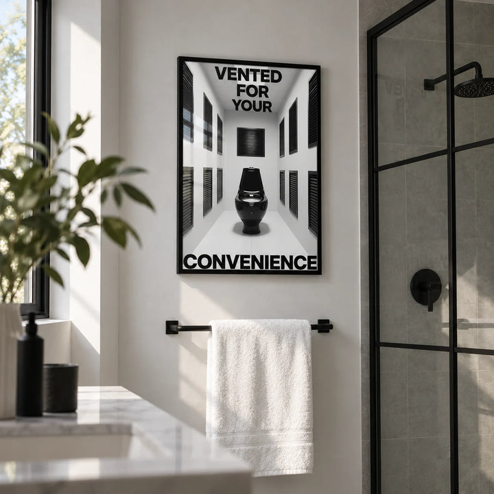 Bathroom Funny Print, framed on the wall of a modern en-suite with plain light grey walls