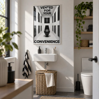 Bathroom Funny Print, framed on the wall of an utility room with a small WC in a family home
