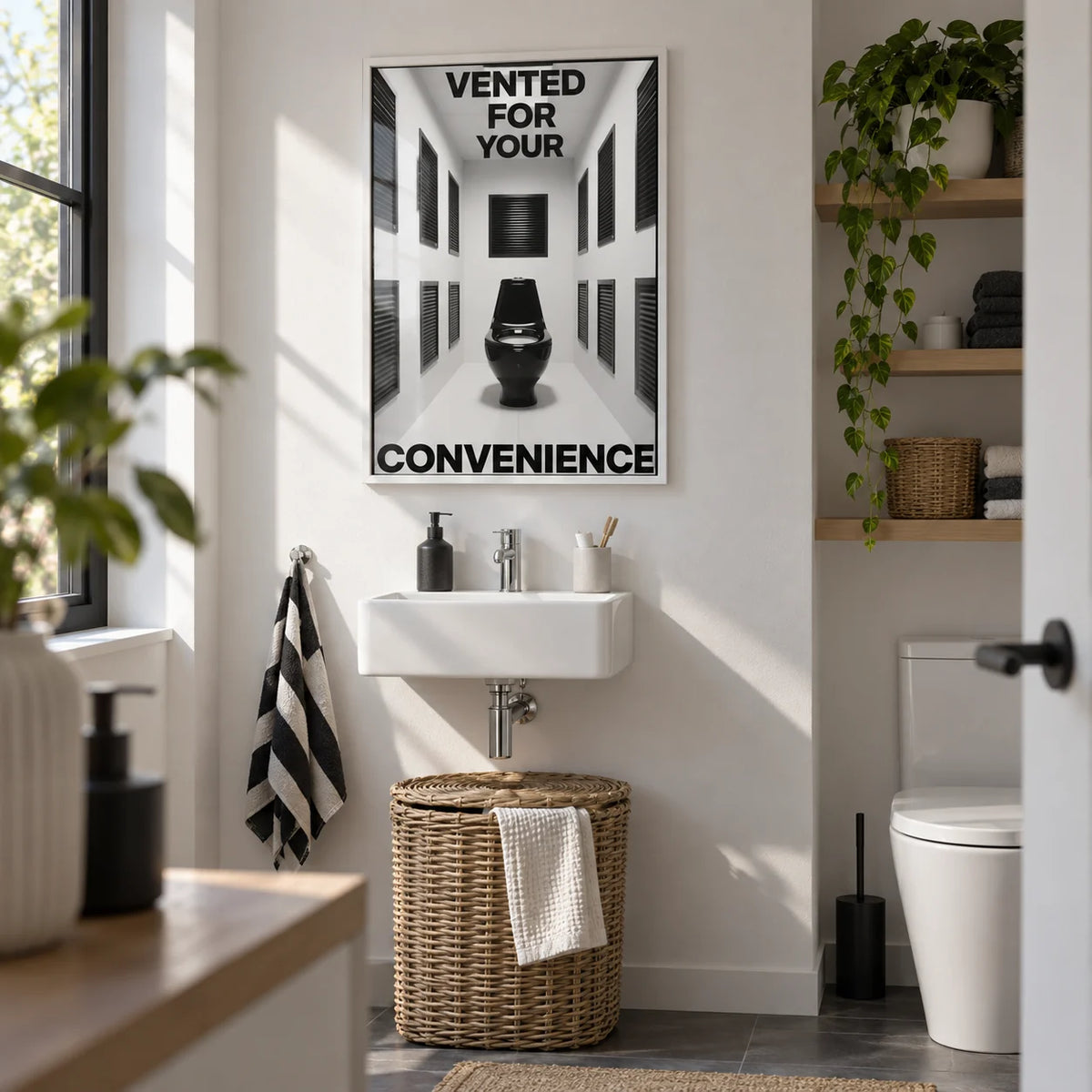 Bathroom Funny Print, framed on the wall of an utility room with a small WC in a family home