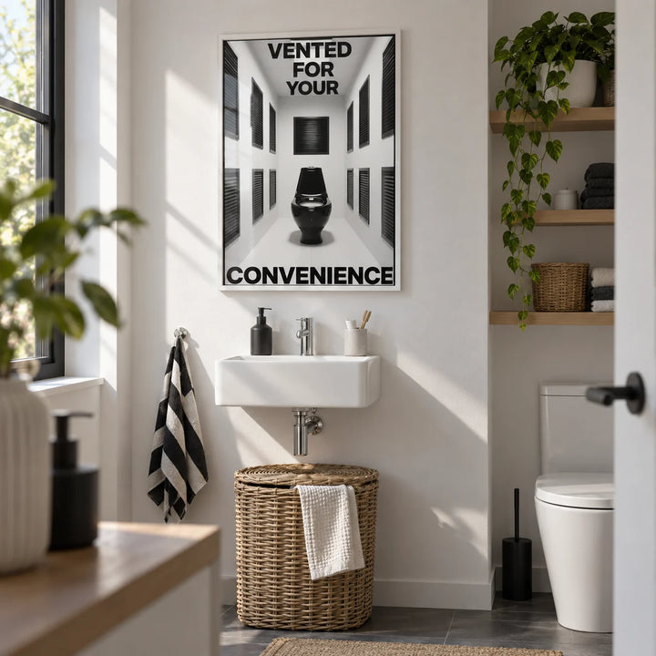 Bathroom Funny Print, framed on the wall of an utility room with a small WC in a family home