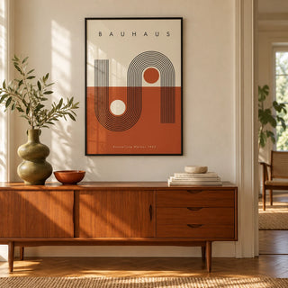 Terracotta Bauhaus Poster, framed on the wall of a bright mid-century hallway