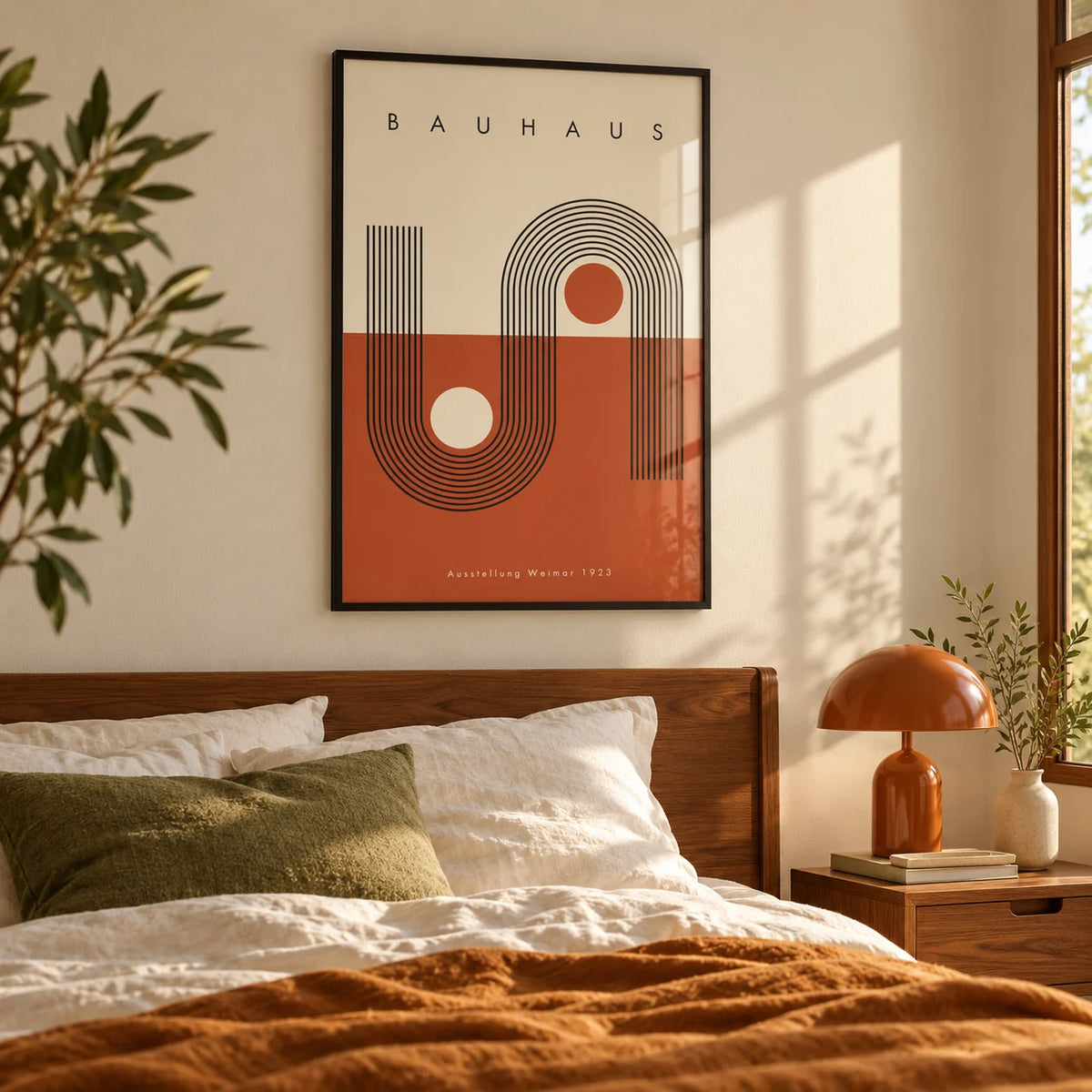 Terracotta Bauhaus Poster, framed on the wall of a calm mid-century bedroom