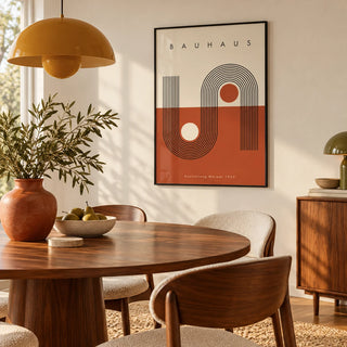 Terracotta Bauhaus Poster, framed on the wall of a mid-century dining room