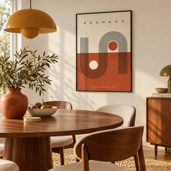 Terracotta Bauhaus Poster, framed on the wall of a mid-century dining room