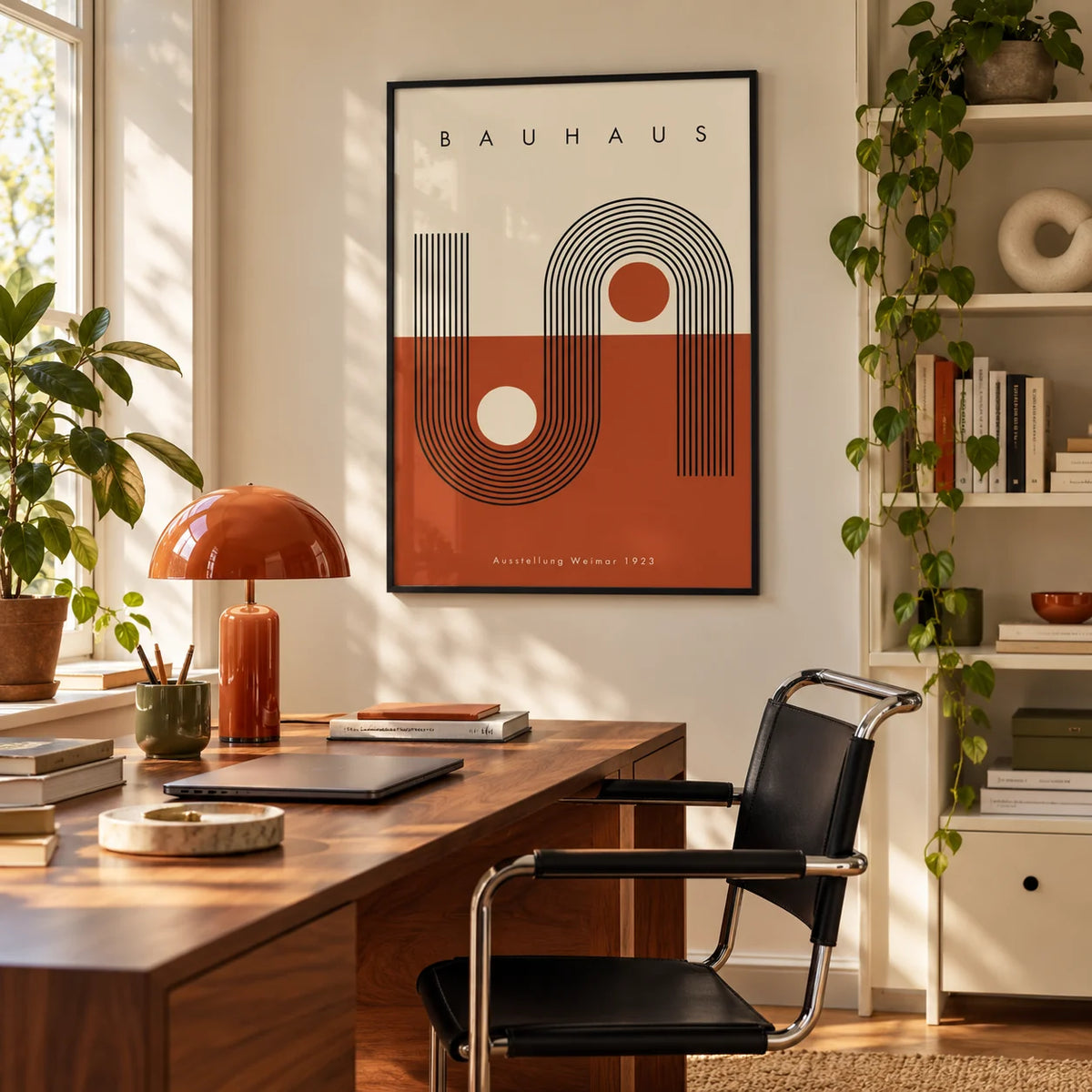 Terracotta Bauhaus Poster, framed on the wall of a mid-century home office